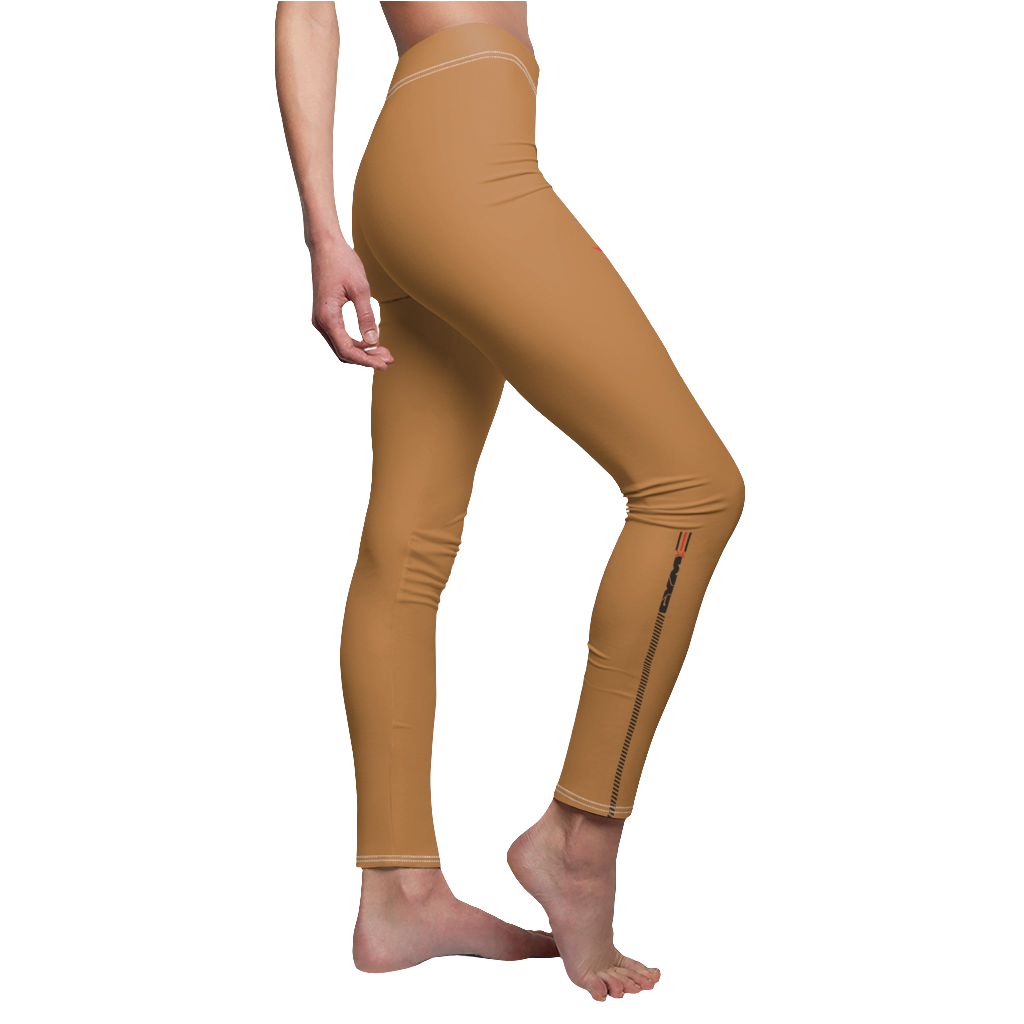 A woman wearing pair of beige, skinny fit Gymstar women's  fitness leggings designed for activewear. Left view.
