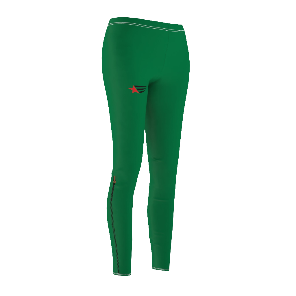 A pair of green Gymstar leggings on a female model, showcasing the fit and design of the garment. Left side view.