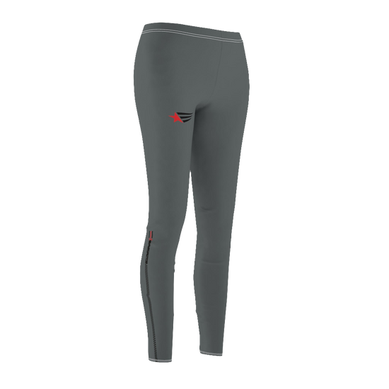 A  pair of gray fitness leggings for women, featuring a high waist and tagless design. Brandet with a logo Gymstar. Left side view.