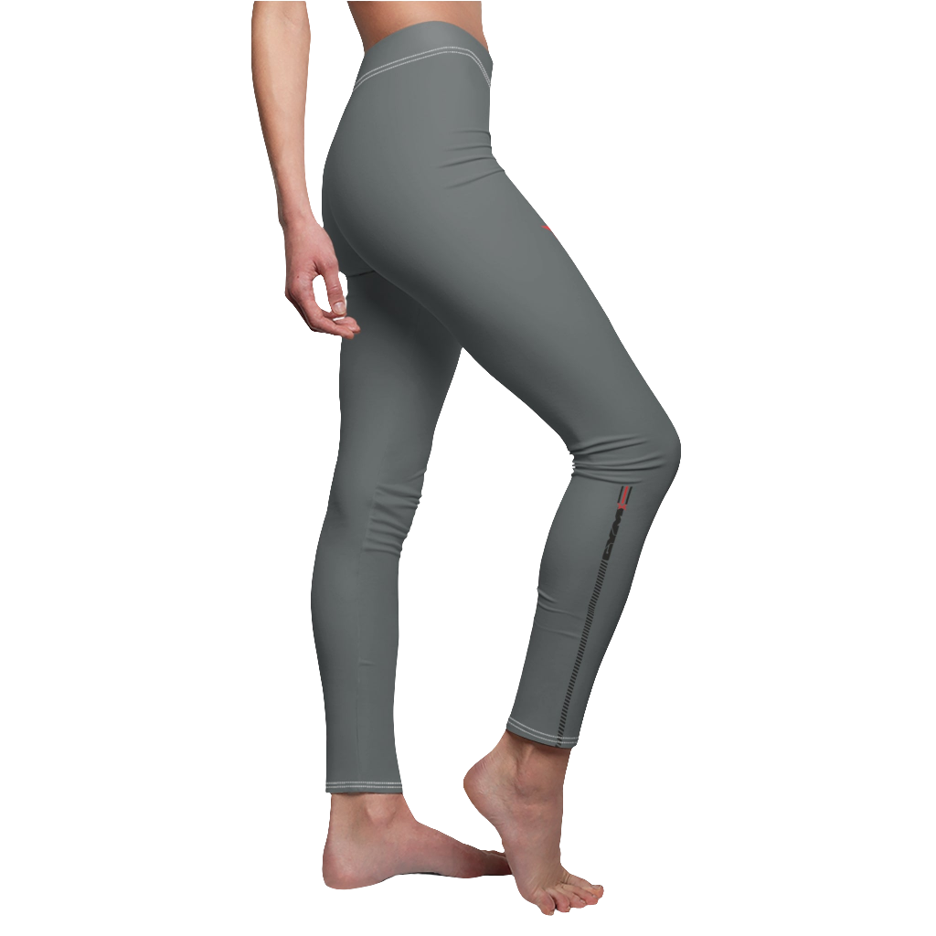 A woman wearing pair of gray fitness leggings for women, featuring a high waist and tagless design. Brandet with a logo Gymstar. Left side  view.