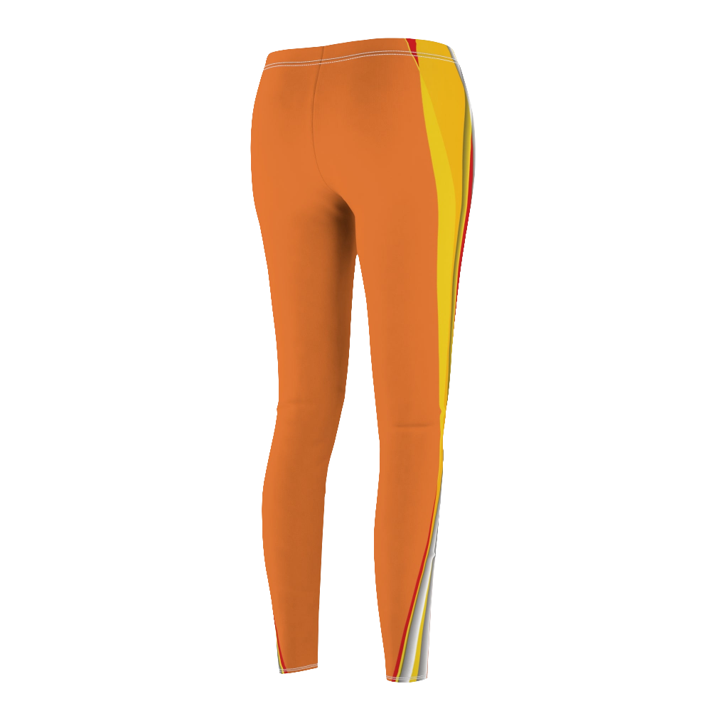 A pair of orange fitness leggings for women, with a high waist and a visible brand logo on the left thigh.