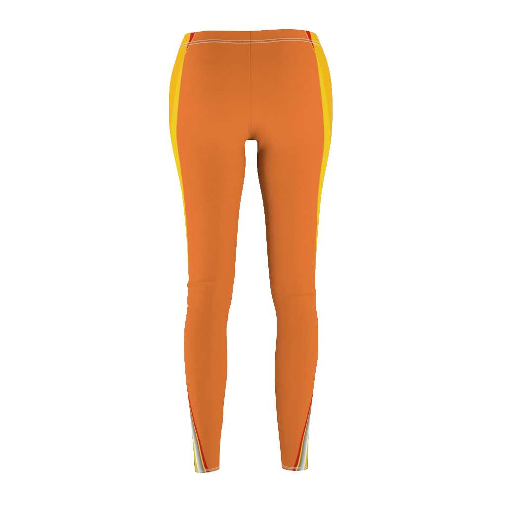 A pair of orange fitness leggings for women, with a high waist and a visible brand logo on the left thigh. Back view.