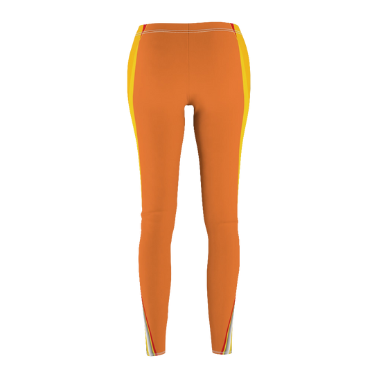A pair of orange fitness leggings for women, with a high waist and a visible brand logo on the left thigh. Back view.