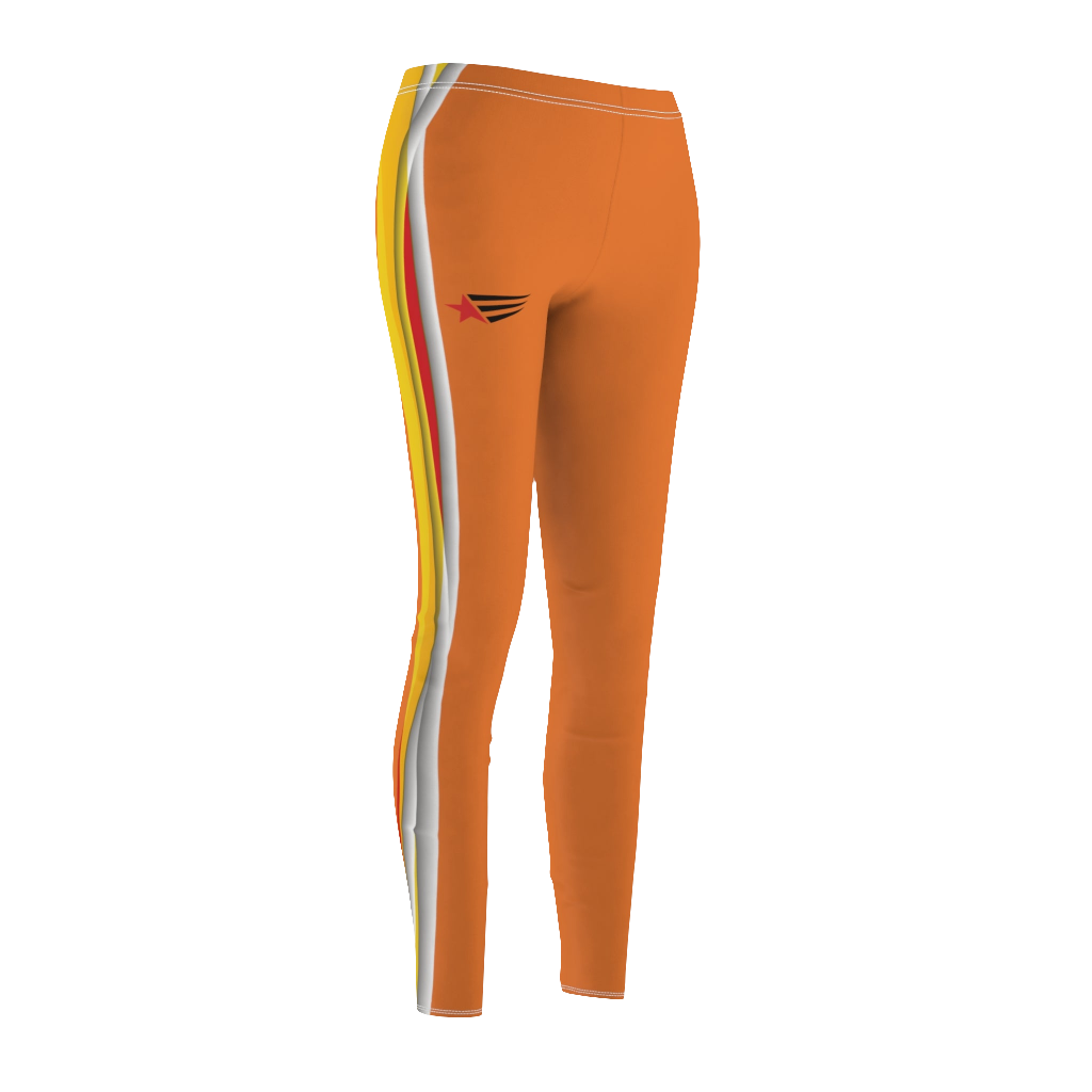 A pair of orange fitness leggings for women, with a high waist and a visible brand logo on the left thigh.