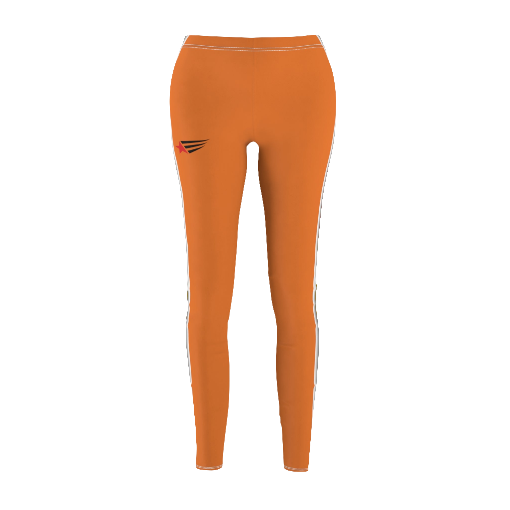 A pair of orange fitness leggings for women, with a high waist and a visible brand logo on the left thigh.