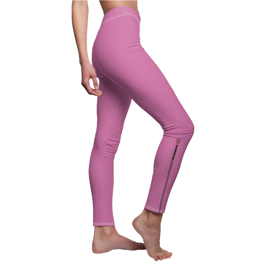 A woman wearing a pair of pink Gymstar women's, fitness leggings featuring a high waist and thin design, suitable for activewear. Left side view.