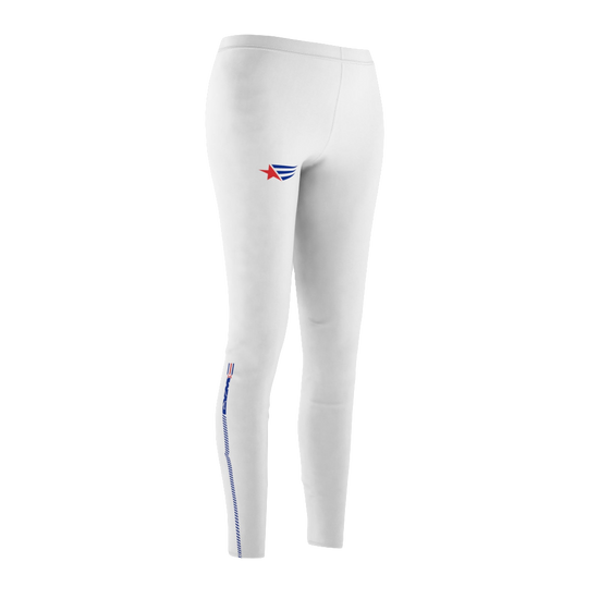 A pair of white Gymstar women's leggings with a logo on the upper left thigh, designed for workout activities left side view.