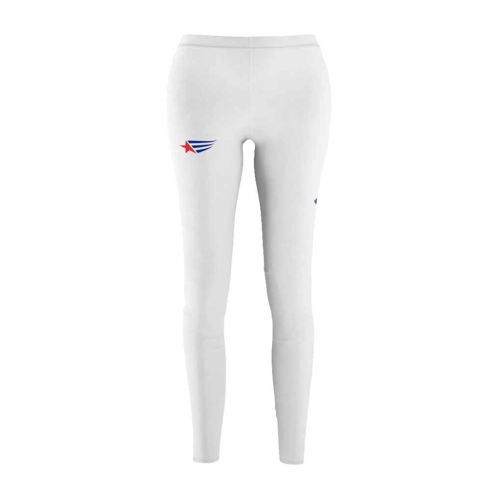 A pair of white Gymstar women's leggings with a logo on the upper left thigh, designed for workout activities.