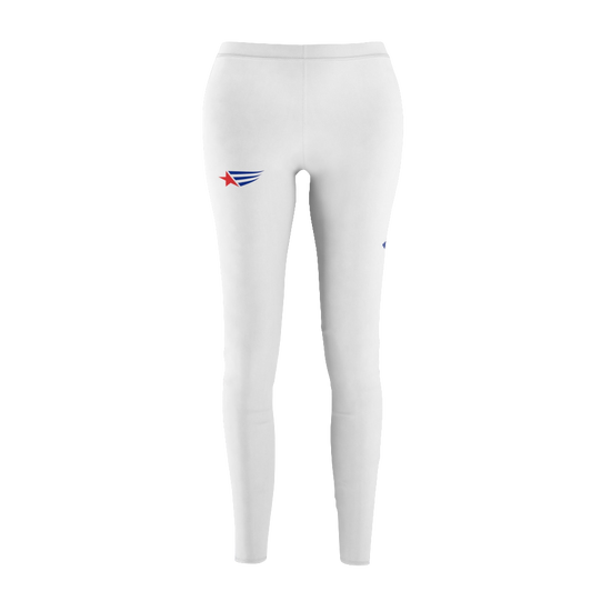 A pair of white Gymstar women's leggings with a logo on the upper left thigh, designed for workout activities.