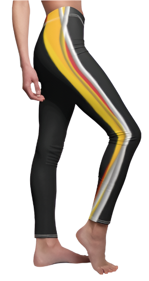 A pair of black Gymstar yoga leggings for fitness, with a colorful stripe design on the side, featuring a high waist cut. Left side view.