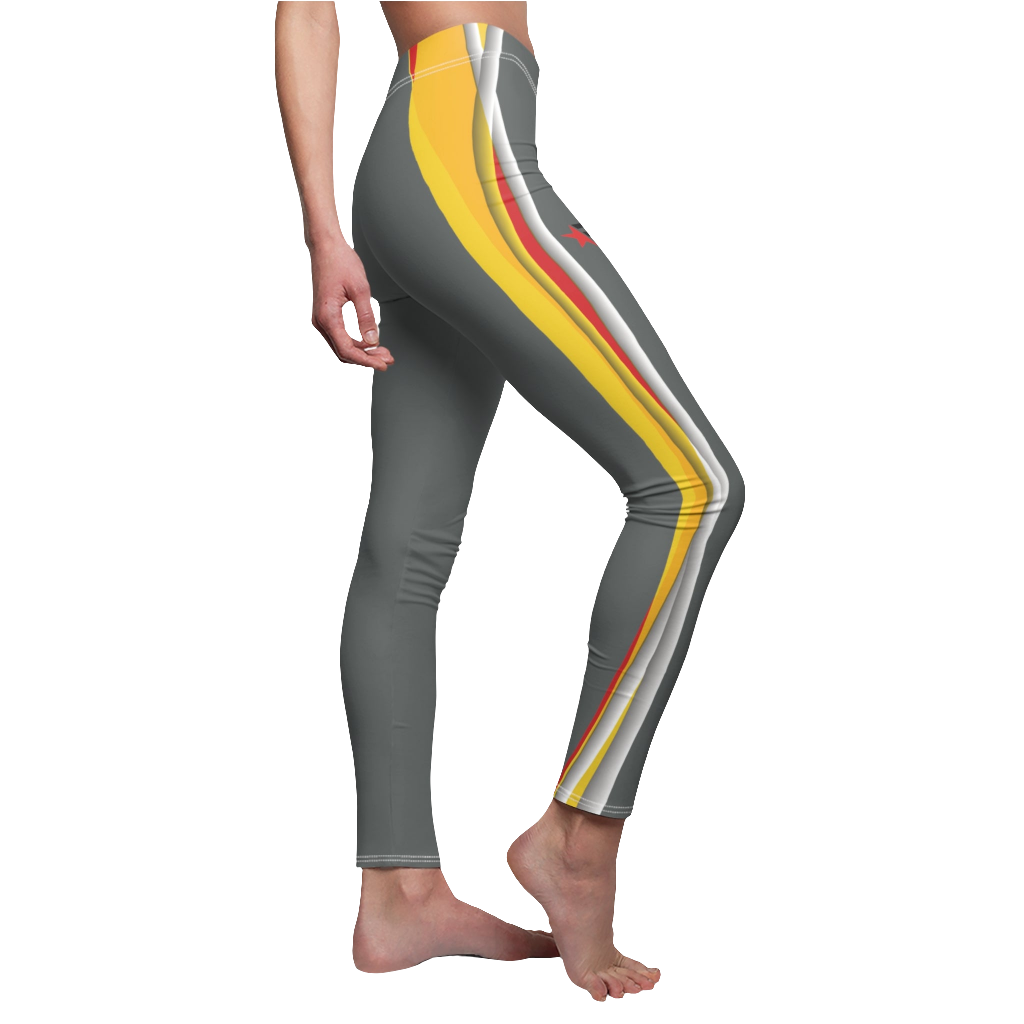 A pair of gray, Gymstaer yoga leggings with vibrant yellow, red and white accents on the side, designed for fitness women. Left side view.