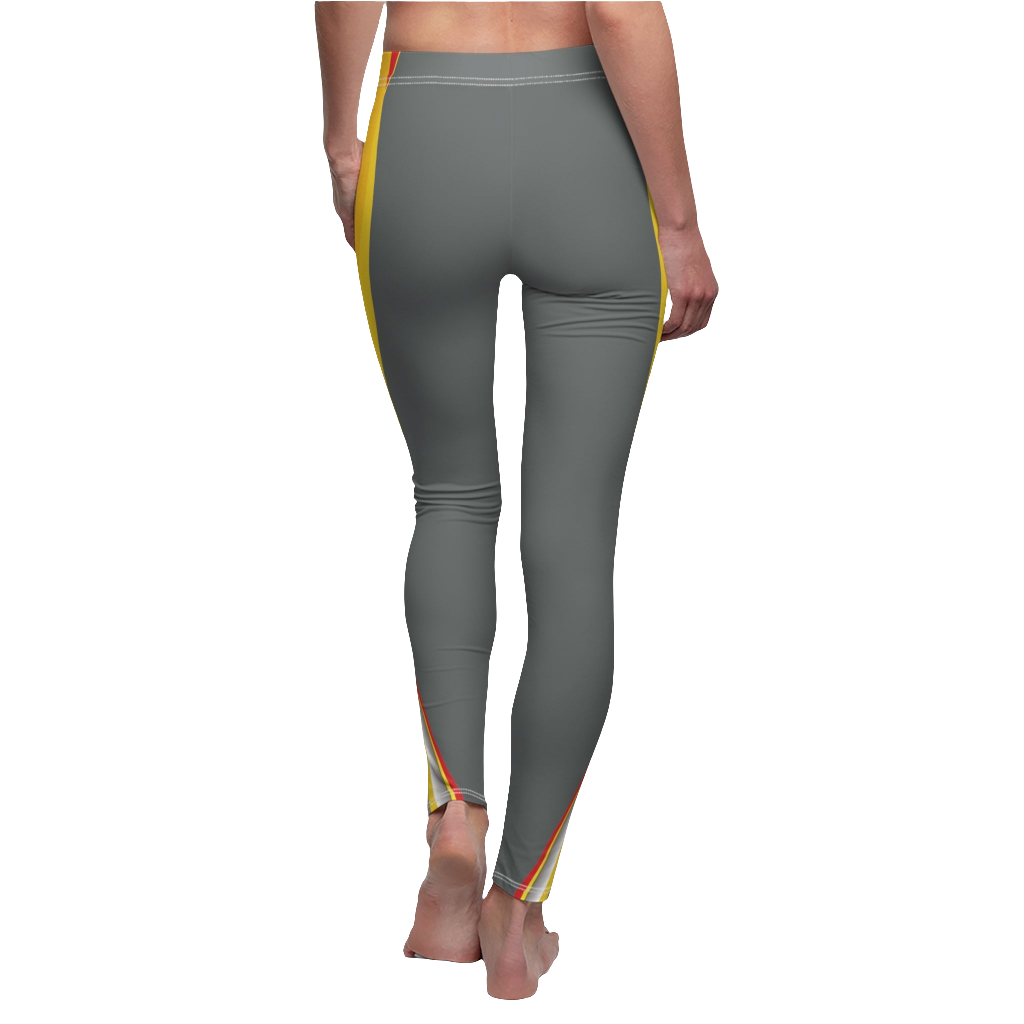 A pair of gray, Gymstaer yoga leggings with vibrant yellow accents on the side, designed for fitness women. Back side view.