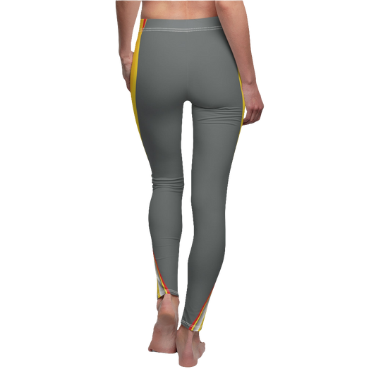 A pair of gray, Gymstaer yoga leggings with vibrant yellow accents on the side, designed for fitness women. Back side view.