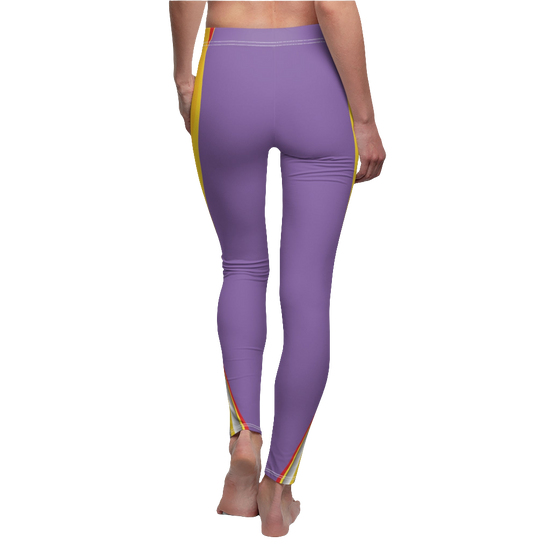 A side view of a woman wearing purple Gymstar leggings with a yellow stripe, indicating the product is activewear designed for fitness and sports. Back side view.