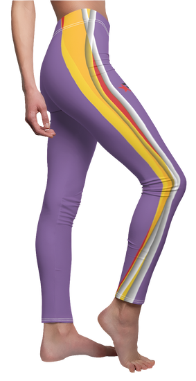 A side view of a woman wearing purple Gymstar leggings with a yellow stripe, indicating the product is activewear designed for fitness and sports. Back side view. Left side view.