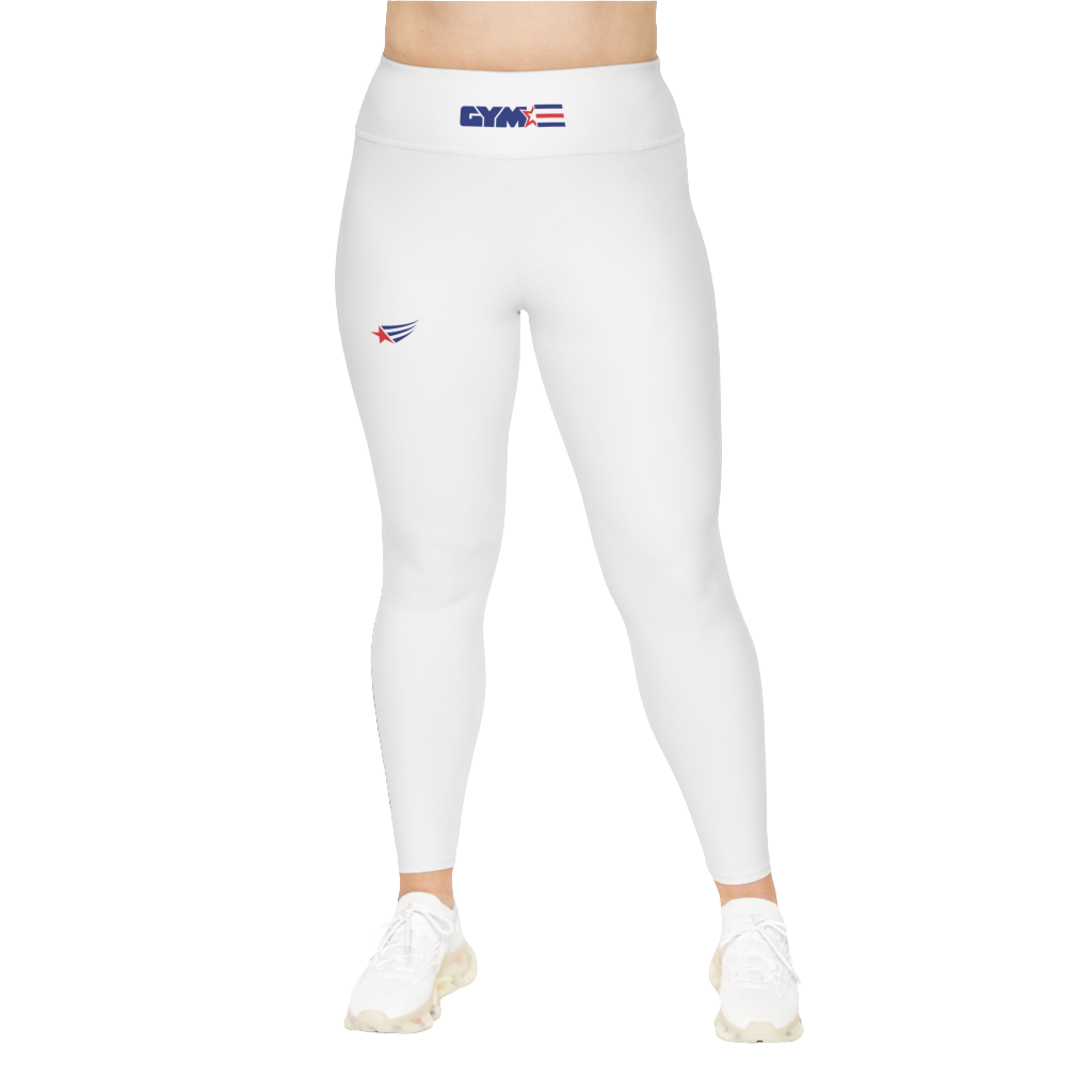 A pair of white Gymstar Fitness plus-size leggings featuring a high-waisted design and a logo on the left thigh.