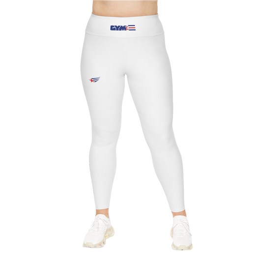 A pair of white Gymstar Fitness plus-size leggings featuring a high-waisted design and a logo on the left thigh.
