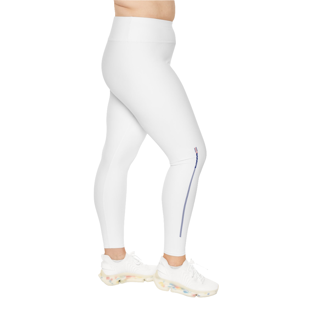 A pair of white Gymstar Fitness plus-size leggings featuring a high-waisted design and a logo on the left side.