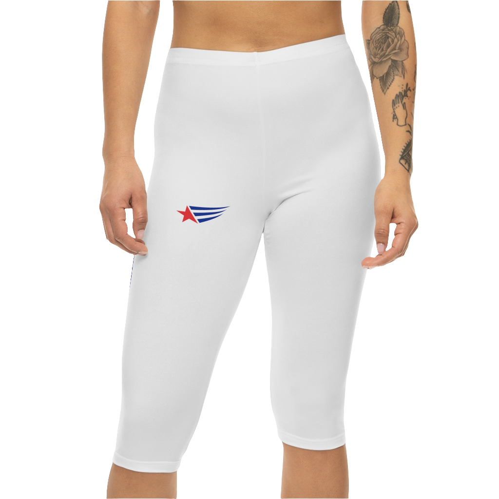 A pair of white Gymstar fitness capri leggings with blue and red detailing on the side, worn by a model, front view.