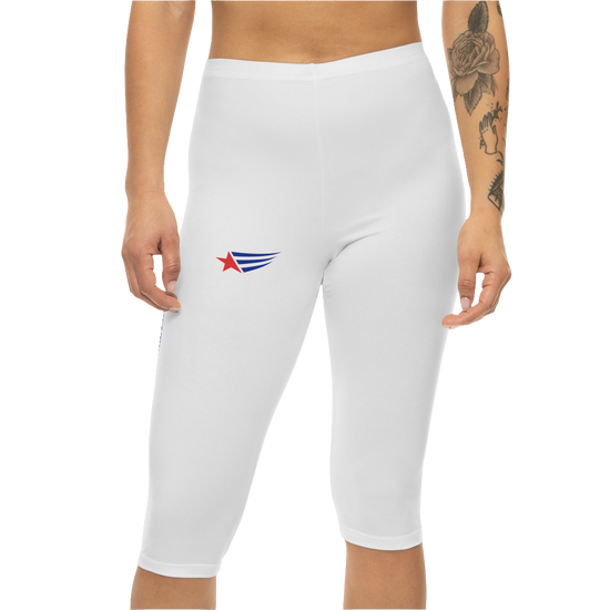 A pair of white Gymstar fitness capri leggings with blue and red detailing on the side, worn by a model, front view.