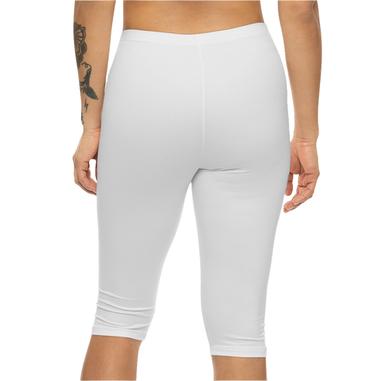 A pair of white Gymstar fitness capri leggings with blue and red detailing on the side, worn by a model, back side  view.