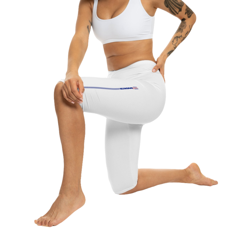 A pair of white Gymstar fitness capri leggings with blue and red detailing on the side, worn by a model facing sideways.