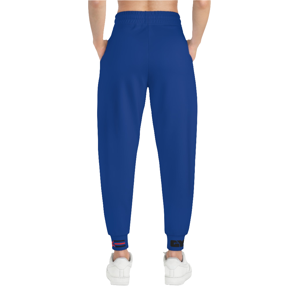 A pair of blue athletic joggers with an elastic waistband and drawstrings, featuring pockets and designed for fitness activities.