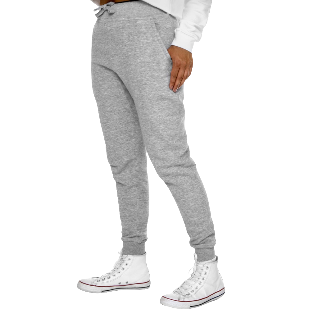 A person standing sideways, wearing silver gray joggers and white sneakers. The joggers have a ribbed bottom and waistband cuffs, and feature two side pockets and a back pocket.
