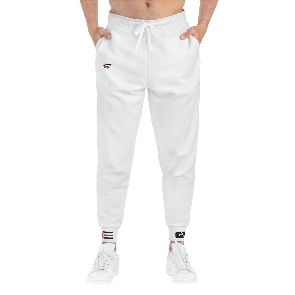 A person standing frontal, wearing silver gray joggers Gymstar with a logoand white sneakers. The joggers have a ribbed bottom and waistband cuffs, and feature two side pockets.