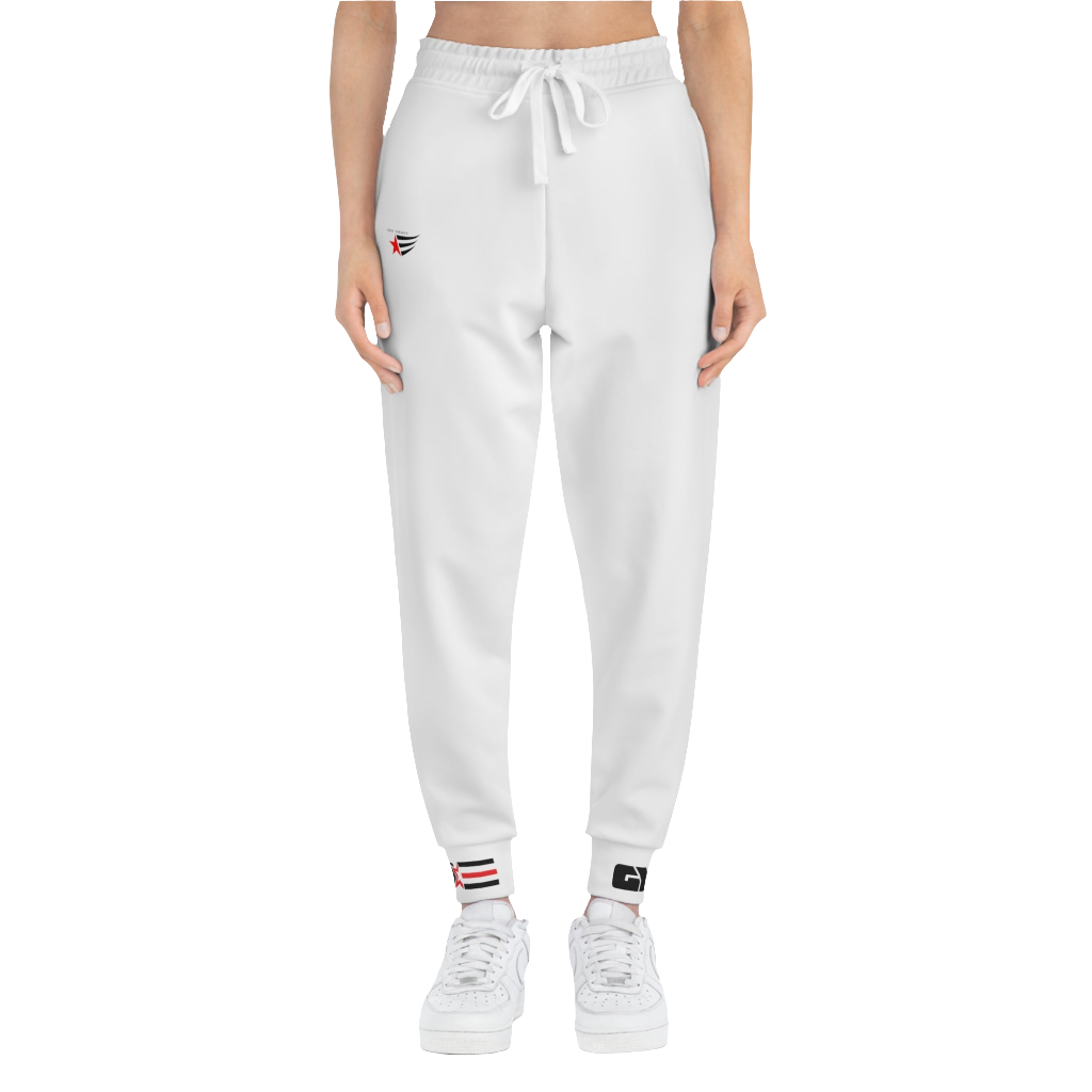 A person standing frontal, wearing silver gray joggers Gymstar with a logoand white sneakers. The joggers have a ribbed bottom and waistband cuffs, and feature two side pockets.