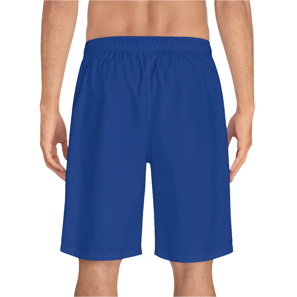 A man wearing pair of dark blue men's board shorts with a small Gymstar logo on the left leg back side view.