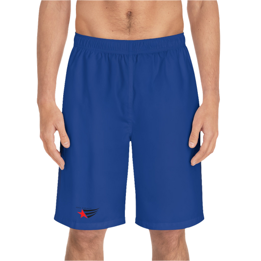 A man wearing pair of dark blue men's board shorts with a small Gymstar logo on the left leg front side view.