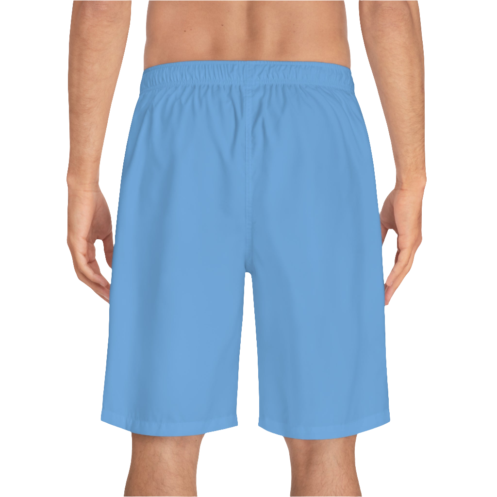A man wearing pair of blue men's board shorts with a small Gymstar logo on the left leg back side view.