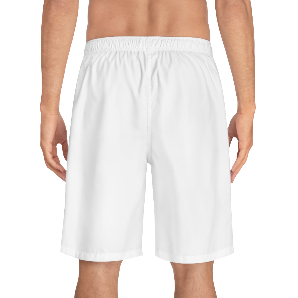 A man wearing pair of white men's board shorts with a small Gymstar logo on the left leg back side view.