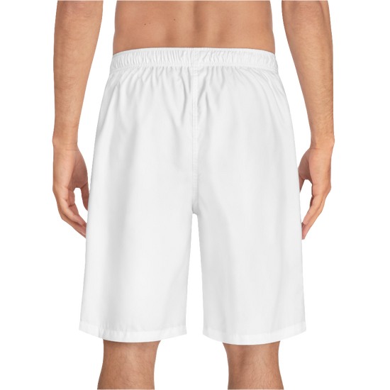 A man wearing pair of white men's board shorts with a small Gymstar logo on the left leg back side view.