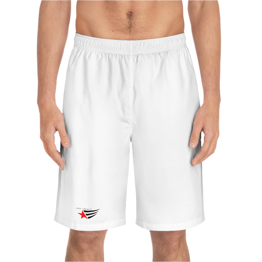 A man wearing pair of white men's board shorts with a small Gymstar logo on the left leg.