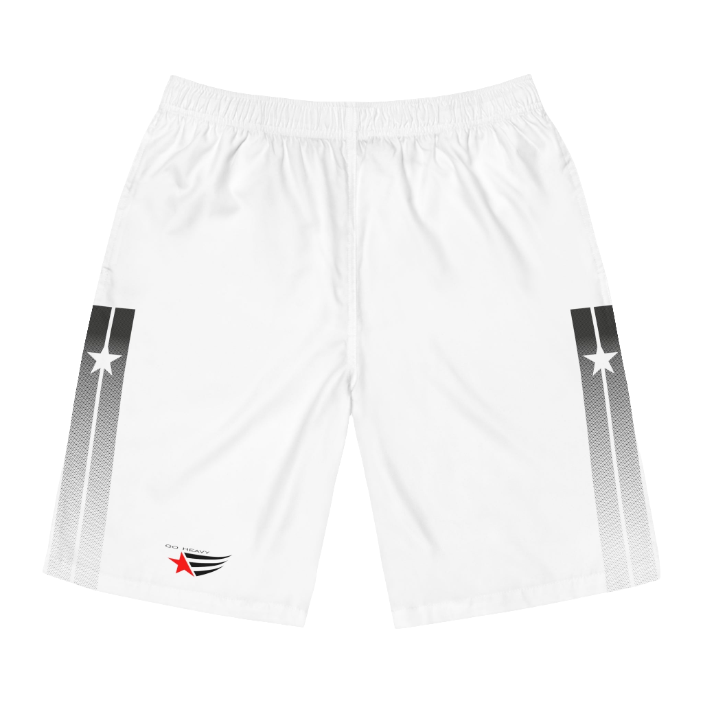 A pair of white men's board shorts with a small Gymstar logo on the left leg.