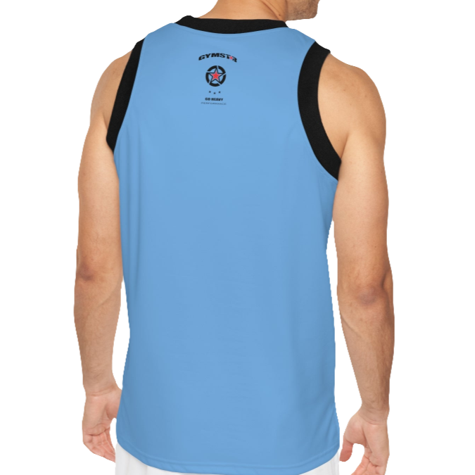 A man with a fitness body is wearing a blue-black Gymstar sports tank top branded with the Gymstar Fit logo back view.