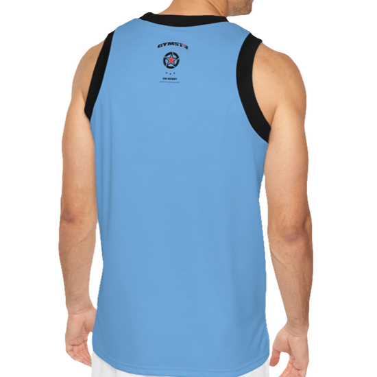 A man with a fitness body is wearing a blue-black Gymstar sports tank top branded with the Gymstar Fit logo back view.
