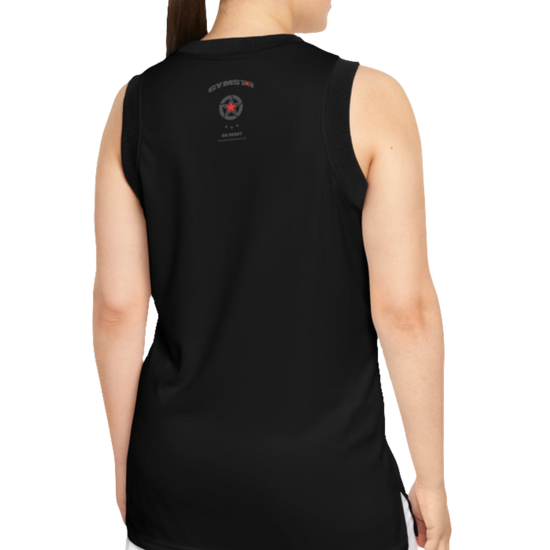 A woman with a fitness body is wearing a black-black Gymstar sports tank top branded with the Gymstar Fit logo back view.