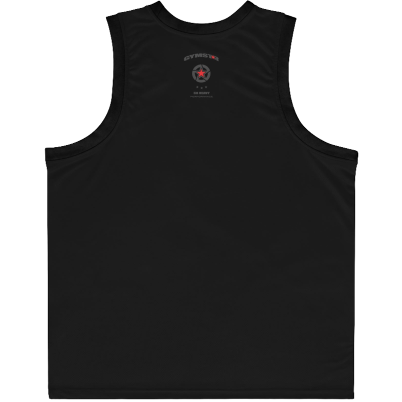 a black-black Gymstar sports tank top branded with the Gymstar Fit logo back view