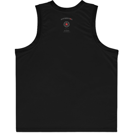 a black-black Gymstar sports tank top branded with the Gymstar Fit logo back view