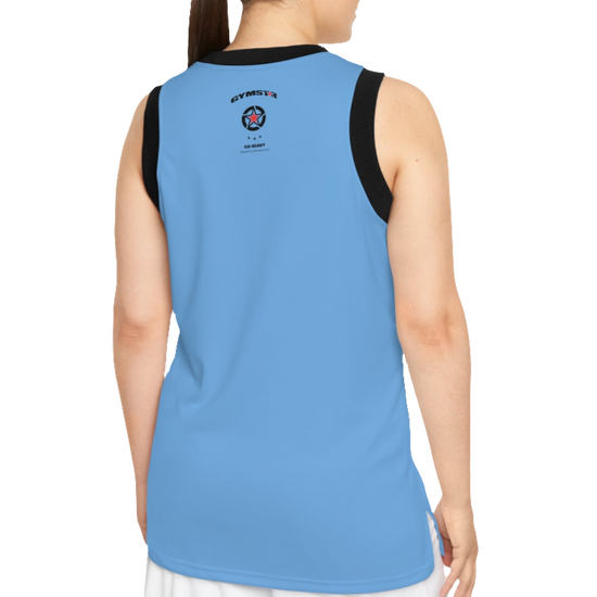 A woman with a fitness body is wearing a blue-black Gymstar sports tank top branded with the Gymstar Fit logoback view