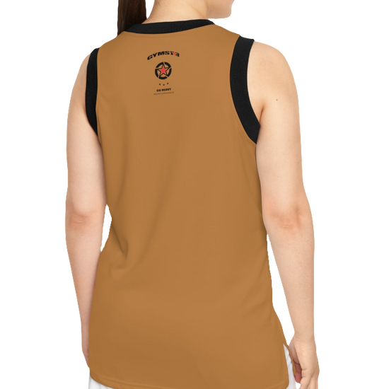 A woman with a fitness body is wearing a brown-black Gymstar sports tank top branded with the Gymstar Fit logo back view.