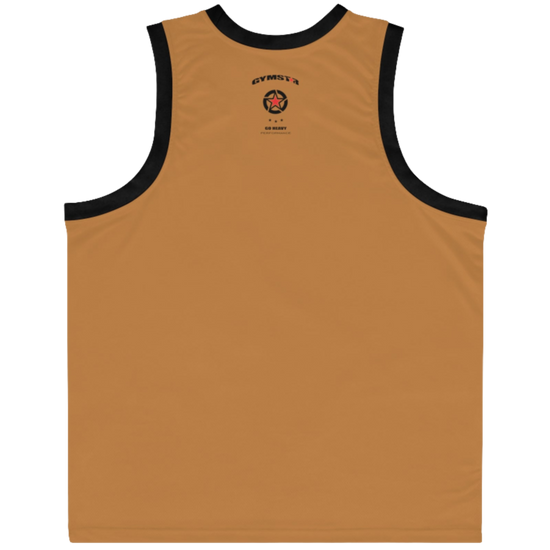 a brown-black Gymstar sports tank top branded with the Gymstar Fit logo back view