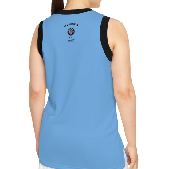 A woman with a fitness body is wearing a blue Gymstar sports tank top branded with the Gymstar Fit logo and a motivating print, back view.