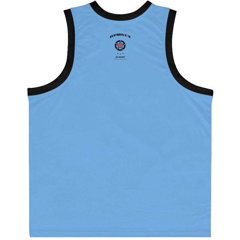 a blue Gymstar sports tank top branded with the Gymstar Fit logo and a motivating print, back view