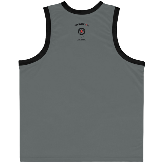 a grey-black Gymstar sports tank top branded with the Gymstar Fit logo back view