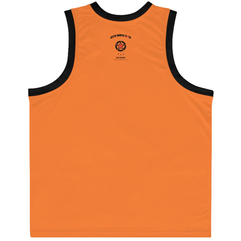  an orange Gymstar sports tank top branded with the Gymstar Fit logo and a motivating print, back view