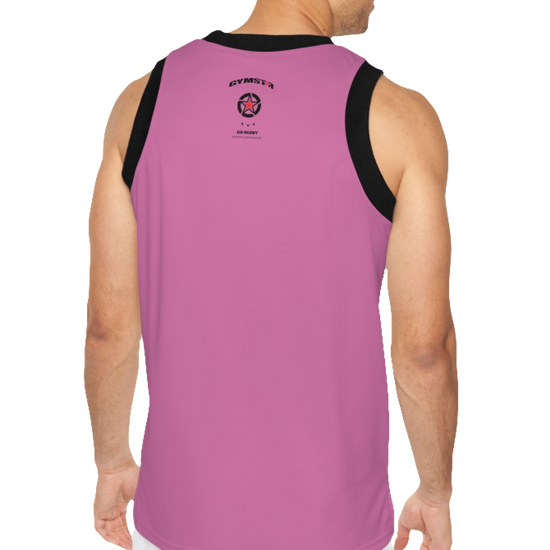 A man wearing a purple Gymstar fitness and jogging tank top with black stripes on the neckline and sleeves. The tank top is branded with the brand's logo.